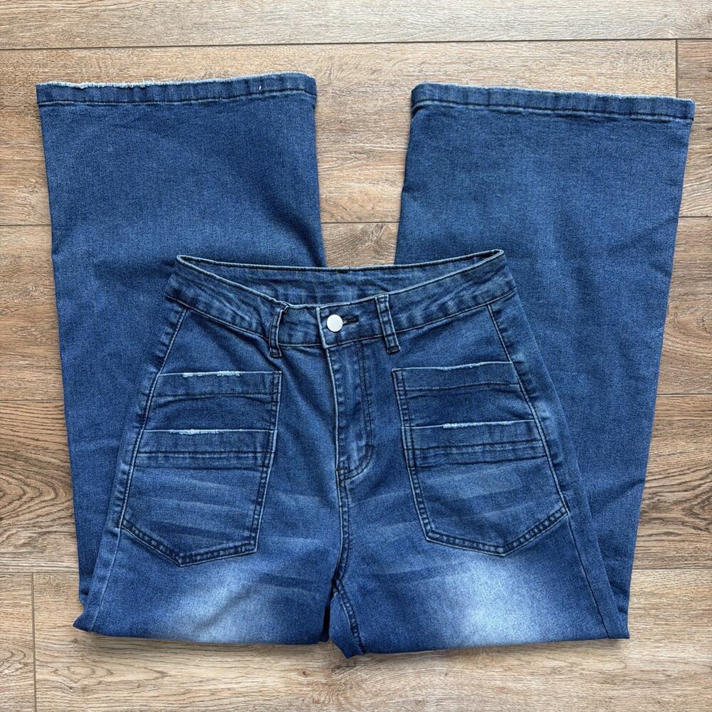Women's Dark Blue Wide-Leg Jeans HIgh Waist Y2K Denim Streetwear Baggy Size Med - Picture 11 of 11